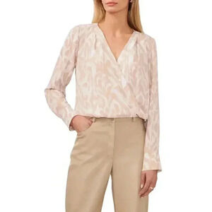 Halogen Abstract Pattern Cross Front Blouse V-Neck White/Tan Size Small NWT